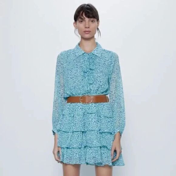 ZARA PRINTED TIERED RUFFLED DRESS WITH BELT - Picture 4 of 5